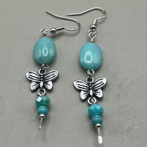 Aventurine and Butterfly Drop Earrings Silver Tone/Boho Fairycore Dangles